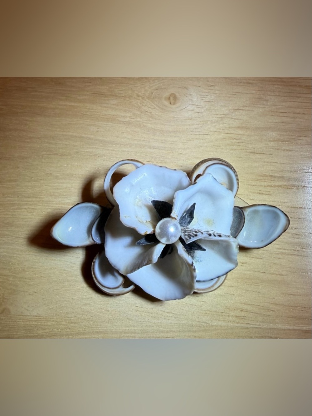Vintage White Floral Shell Brooch with Faux Pearl Accent